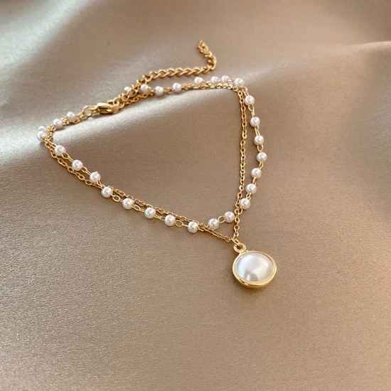 Image de Copper Exquisite Bracelets Gold Plated Round Imitation Pearl 17cm(6 6/8") long, 1 Piece