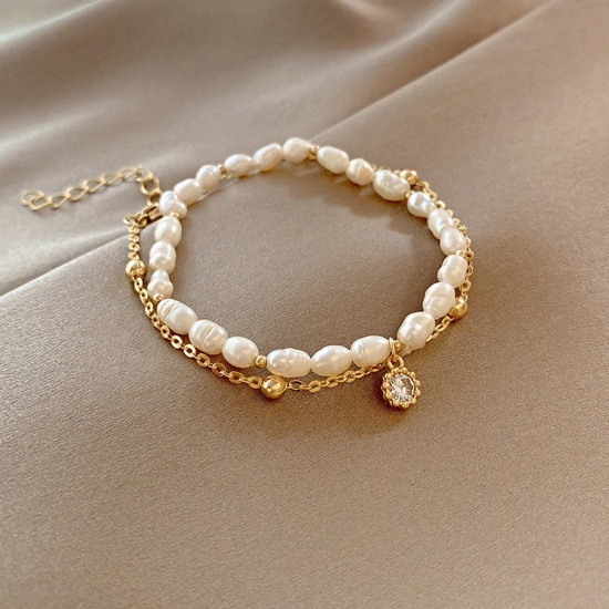 Immagine di Copper Exquisite Bracelets Gold Plated Round Oval Imitation Pearl 16.7cm(6 5/8") long, 1 Piece