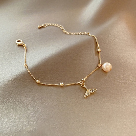 Image de Copper Exquisite Bracelets Gold Plated Fishtail Round Imitation Pearl 16cm(6 2/8") long, 1 Piece