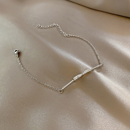 Immagine di Copper Exquisite Bracelets Silver Tone Bowknot Clear Rhinestone 16cm(6 2/8") long, 1 Piece