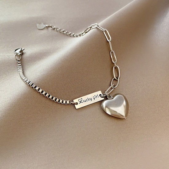 Image de Copper Exquisite Bracelets Silver Tone Heart Rectangle 17.2cm(6 6/8") long, 1 Piece