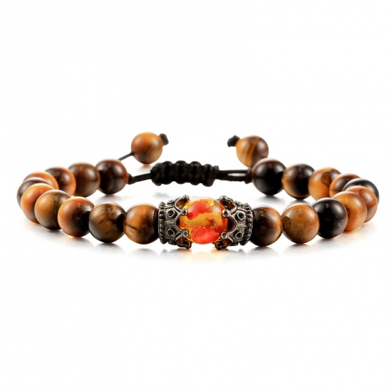 Picture of Tiger's Eyes Boho Chic Bohemia Braided Bracelets Brown Crown Imitation Amber 17-30cm long, 1 Piece