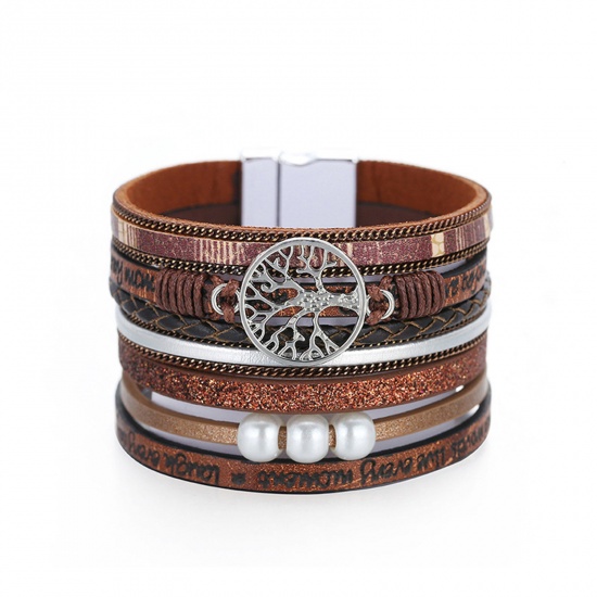 Picture of PU Leather Boho Chic Bohemia Slake Bracelets Imitation Pearls Silver Tone Brown Tree of Life With Magnetic Clasp 19.5cm(7 5/8") long, 1 Piece