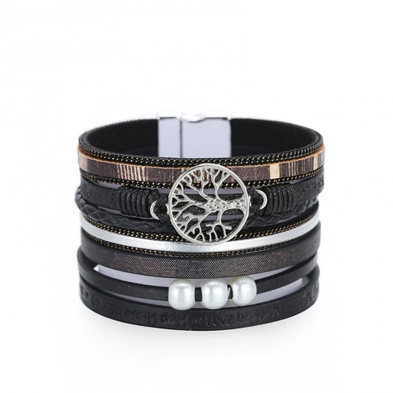 Picture of PU Leather Boho Chic Bohemia Slake Bracelets Imitation Pearls Silver Tone Black Tree of Life With Magnetic Clasp 19.5cm(7 5/8") long, 1 Piece