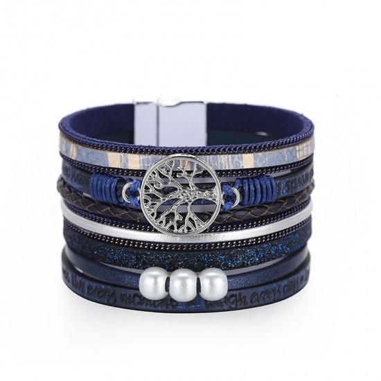 Picture of PU Leather Boho Chic Bohemia Slake Bracelets Imitation Pearls Silver Tone Royal Blue Tree of Life With Magnetic Clasp 19.5cm(7 5/8") long, 1 Piece