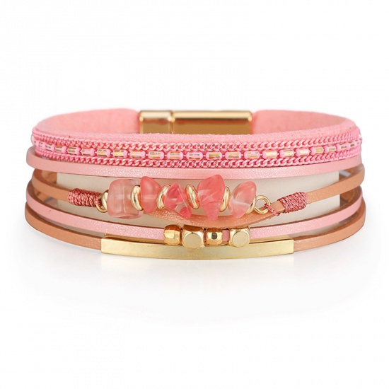 Picture of PU Leather Boho Chic Bohemia Slake Bracelets Gold Plated Pink Chip Beads With Magnetic Clasp 19.5cm(7 5/8") long, 1 Piece