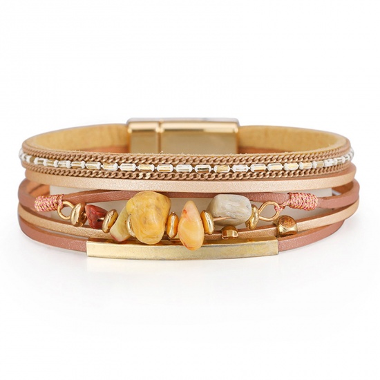 Picture of PU Leather Boho Chic Bohemia Slake Bracelets Gold Plated Khaki Chip Beads With Magnetic Clasp 19.5cm(7 5/8") long, 1 Piece