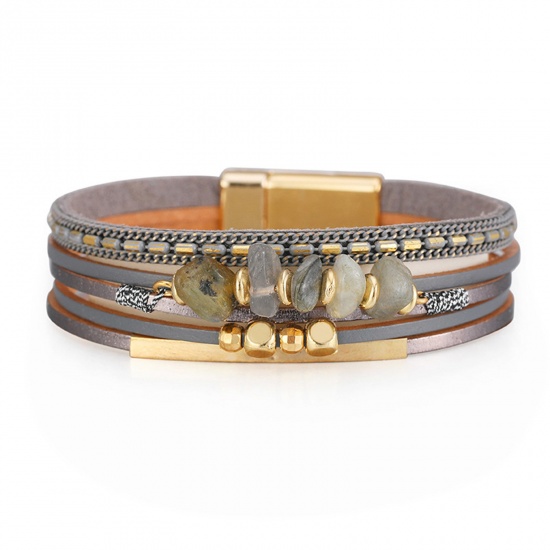 Picture of PU Leather Boho Chic Bohemia Slake Bracelets Gold Plated Gray Chip Beads With Magnetic Clasp 19.5cm(7 5/8") long, 1 Piece