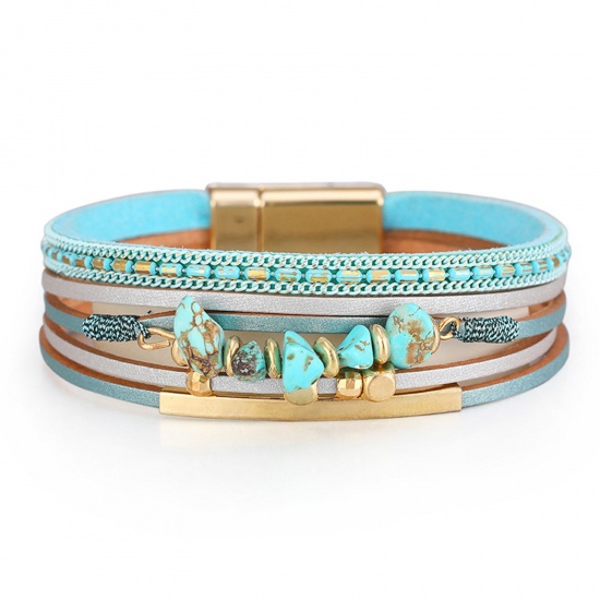Picture of PU Leather Boho Chic Bohemia Slake Bracelets Gold Plated Blue Chip Beads With Magnetic Clasp 19.5cm(7 5/8") long, 1 Piece