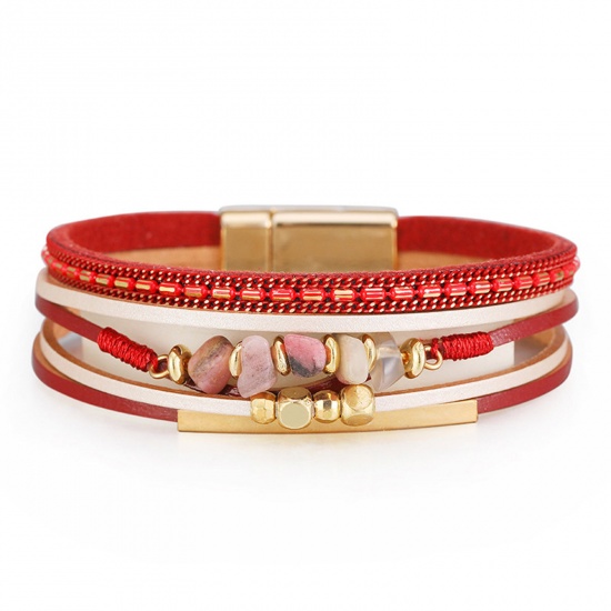 Picture of PU Leather Boho Chic Bohemia Slake Bracelets Gold Plated Red Chip Beads With Magnetic Clasp 19.5cm(7 5/8") long, 1 Piece