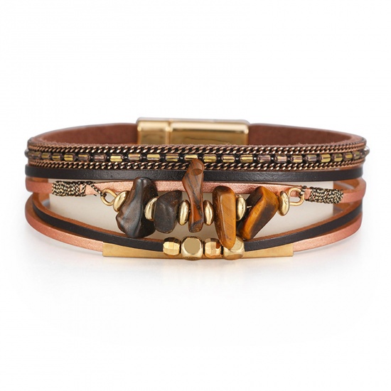 Picture of PU Leather Boho Chic Bohemia Slake Bracelets Gold Plated Brown Chip Beads With Magnetic Clasp 19.5cm(7 5/8") long, 1 Piece
