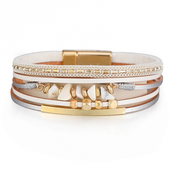 Picture of PU Leather Boho Chic Bohemia Slake Bracelets Gold Plated White Chip Beads With Magnetic Clasp 19.5cm(7 5/8") long, 1 Piece