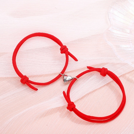 Picture of Polyamide Nylon Boho Chic Bohemia Waved String Braided Friendship Bracelets Silver Tone Red Heart Magnetic 14-26cm long, 1 Set ( 2 PCs/Set)