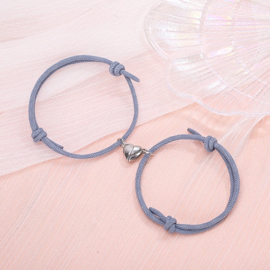 Picture of Polyamide Nylon Boho Chic Bohemia Waved String Braided Friendship Bracelets Silver Tone Gray Heart Magnetic 14-26cm long, 1 Set ( 2 PCs/Set)
