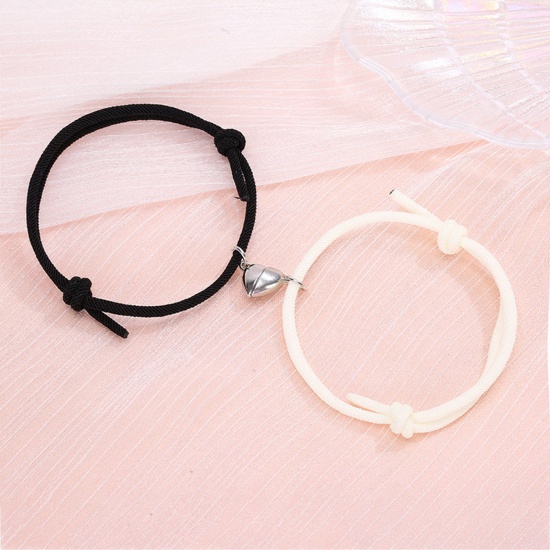 Picture of Polyamide Nylon Boho Chic Bohemia Waved String Braided Friendship Bracelets Silver Tone Black & Creamy-White Heart Magnetic 14-26cm long, 1 Set ( 2 PCs/Set)
