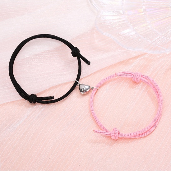 Picture of Polyamide Nylon Boho Chic Bohemia Waved String Braided Friendship Bracelets Silver Tone Black & Pink Heart Magnetic 14-26cm long, 1 Set ( 2 PCs/Set)