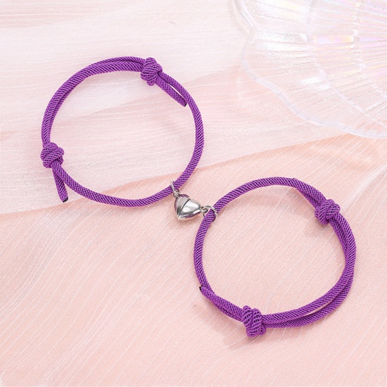 Picture of Polyamide Nylon Boho Chic Bohemia Waved String Braided Friendship Bracelets Silver Tone Purple Heart Magnetic 14-26cm long, 1 Set ( 2 PCs/Set)
