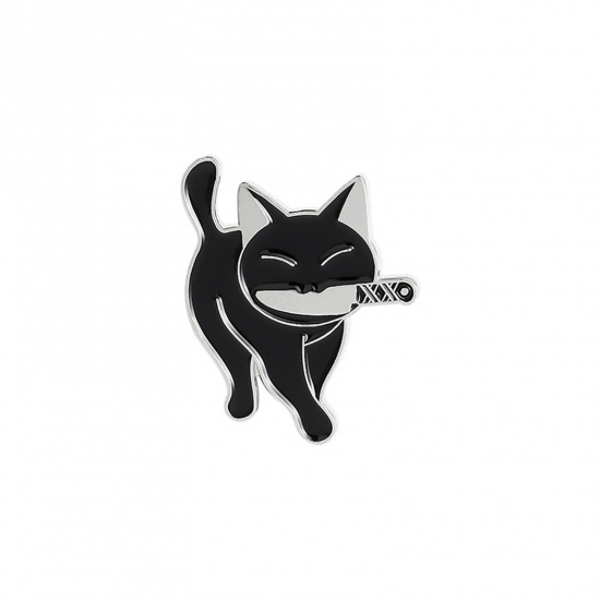 Picture of Cute Pin Brooches Knife Cat Black Enamel 2.8cm x 2.3cm, 1 Piece