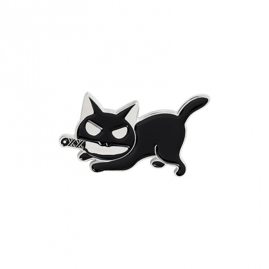 Picture of Cute Pin Brooches Knife Cat Black Enamel 2.8cm x 1.8cm, 1 Piece