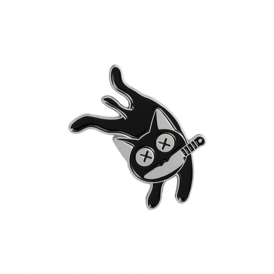 Picture of Cute Pin Brooches Knife Cat Black Enamel 3cm x 2cm, 1 Piece