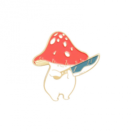 Picture of Cute Pin Brooches Knife Mushroom Gold Plated Red Enamel 3cm x 2.8cm, 1 Piece