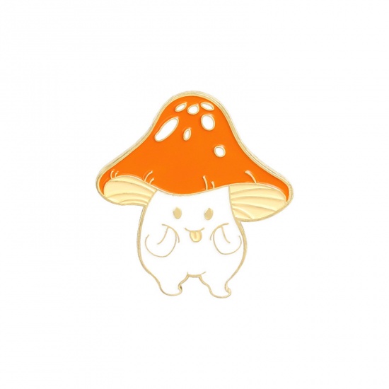 Picture of Cute Pin Brooches Mushroom Smile Gold Plated Orange Enamel 3cm x 2.8cm, 1 Piece