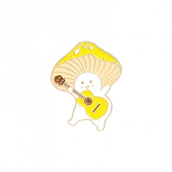 Picture of Cute Pin Brooches Mushroom Violin Gold Plated Yellow Enamel 2.8cm x 2cm, 1 Piece