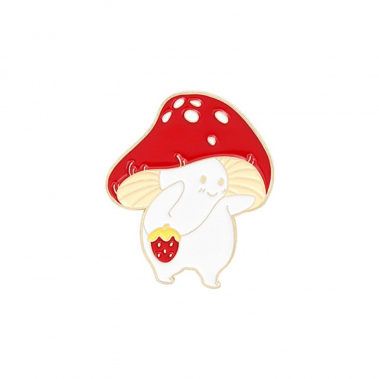 Picture of Cute Pin Brooches Mushroom Strawberry Fruit Gold Plated Red Enamel 3cm x 2.5cm, 1 Piece