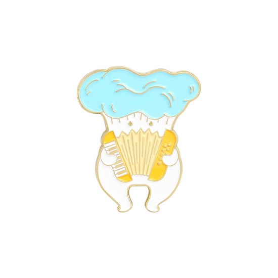 Picture of Cute Pin Brooches Musical Instrument Accordion Mushroom Gold Plated Blue Enamel 3cm x 2.5cm, 1 Piece