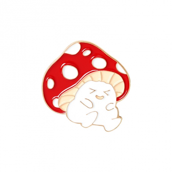 Picture of Cute Pin Brooches Mushroom Smile Gold Plated Red Enamel 3cm x 2.8cm, 1 Piece