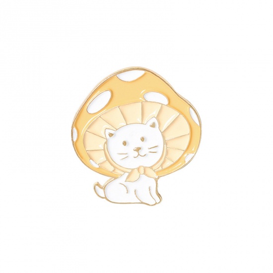Picture of Cute Pin Brooches Mushroom Cat Gold Plated Orange Enamel 2.8cm x 2.5cm, 1 Piece