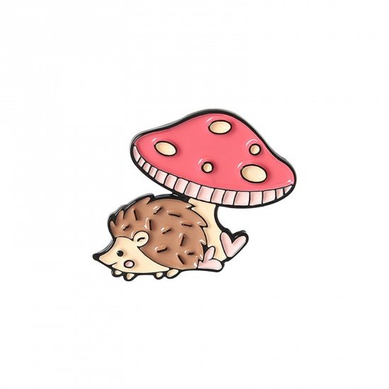 Picture of Cute Pin Brooches Hedgehog Mushroom Gold Plated Pink Enamel 2.8cm x 2.3cm, 1 Piece