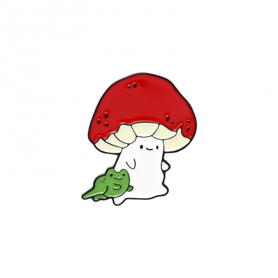 Picture of Cute Pin Brooches Mushroom Frog Gold Plated Red Enamel 3.3cm x 3cm, 1 Piece