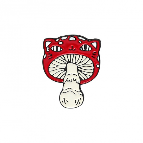 Picture of Cute Pin Brooches Mushroom Cat Gold Plated Red Enamel 3.3cm x 3cm, 1 Piece