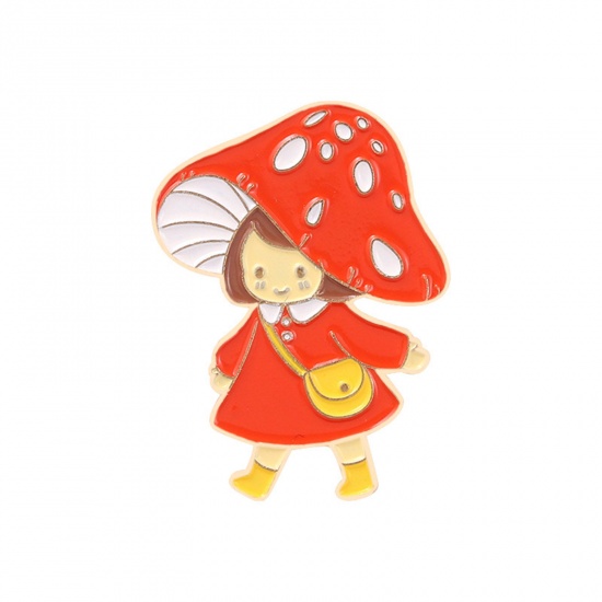 Picture of Cute Pin Brooches Girl Mushroom Gold Plated Red Enamel 2.8cm x 2cm, 1 Piece