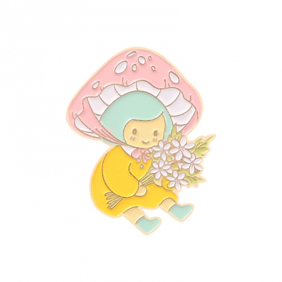 Picture of Cute Pin Brooches Girl Mushroom Gold Plated Pink Enamel 2.8cm x 2.3cm, 1 Piece