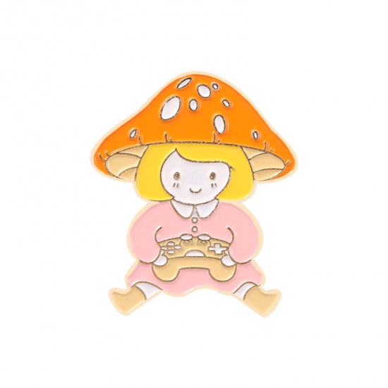 Picture of Cute Pin Brooches Girl Mushroom Gold Plated Orange Enamel 2.8cm x 2.3cm, 1 Piece