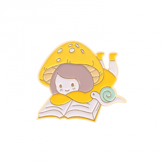 Picture of Cute Pin Brooches Girl Mushroom Gold Plated Orange Enamel 2.5cm x 2.3cm, 1 Piece
