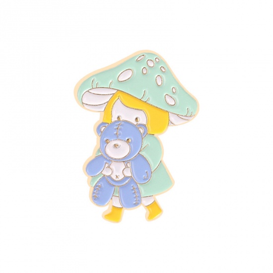 Picture of Cute Pin Brooches Girl Mushroom Gold Plated Blue Enamel 2.8cm x 2cm, 1 Piece