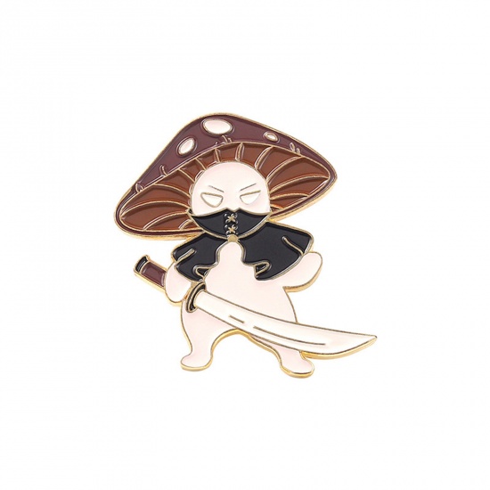 Picture of Cute Pin Brooches Knife Mushroom Gold Plated Coffee Enamel 3cm x 2.3cm, 1 Piece