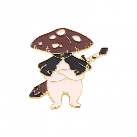 Picture of Cute Pin Brooches Sword Mushroom Gold Plated Coffee Enamel 3cm x 2.3cm, 1 Piece