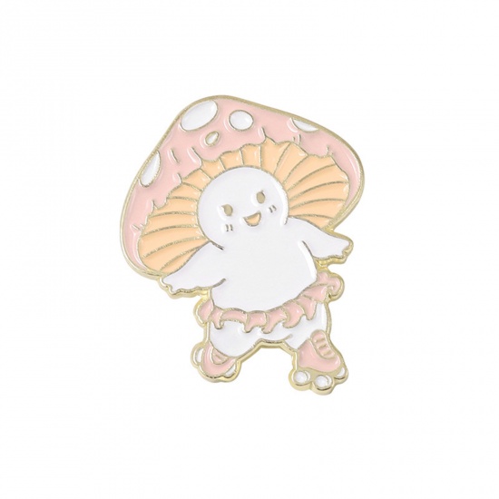 Picture of Cute Pin Brooches Roller Skates Mushroom Gold Plated Pink Enamel 3cm x 2.3cm, 1 Piece