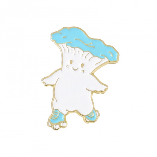 Picture of Cute Pin Brooches Roller Skates Mushroom Gold Plated Blue Enamel 3cm x 2.1cm, 1 Piece