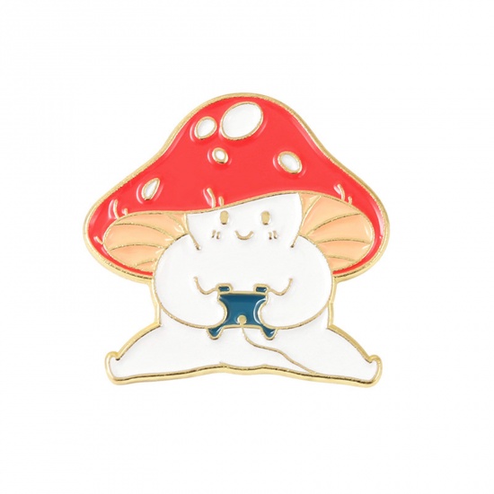 Picture of Cute Pin Brooches Mushroom Cartoon Images Gold Plated Red Enamel 2.8cm x 2.8cm, 1 Piece