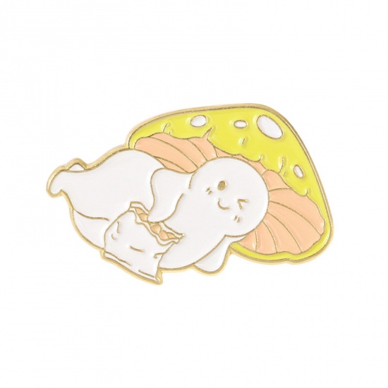 Picture of Cute Pin Brooches Mushroom Cartoon Images Gold Plated Yellow Enamel 2.8cm x 2.3cm, 1 Piece