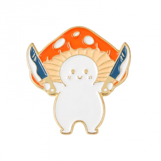 Picture of Cute Pin Brooches Knife Mushroom Gold Plated Orange Enamel 2.8cm x 2.5cm, 1 Piece