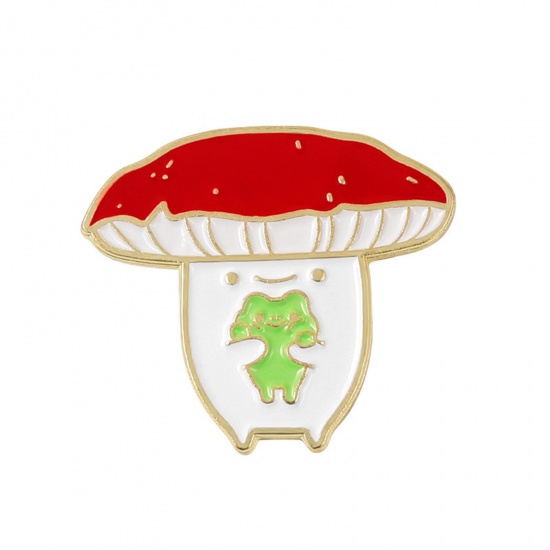 Picture of Cute Pin Brooches Frog Animal Mushroom Gold Plated Red Enamel 2.8cm x 2.4cm, 1 Piece