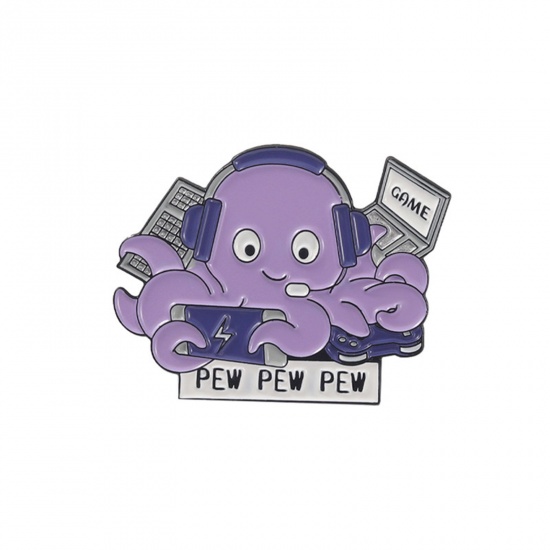 Picture of Ocean Jewelry Pin Brooches Headphone Octopus Purple Enamel 2.8cm x 2.1cm, 1 Piece