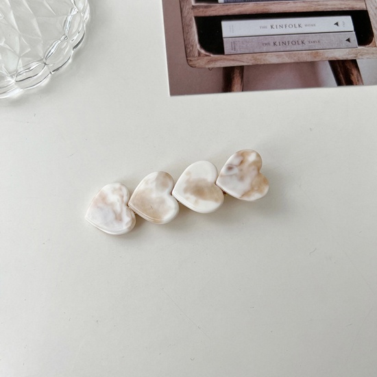 Immagine di Acetic Acid Resin Acetate Acrylic Acetimar Marble Retro Hair Clips Gold Plated White Heart 6.9cm x 2cm, 1 Piece