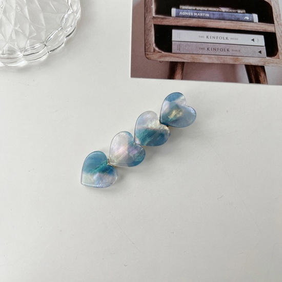 Immagine di Acetic Acid Resin Acetate Acrylic Acetimar Marble Retro Hair Clips Gold Plated Blue Heart 6.9cm x 2cm, 1 Piece
